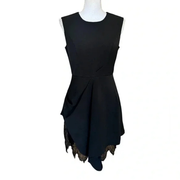 Lattelier Asymmetric Lace Hem Fit and Flare Gather Little Black Dress Sz XL - Picture 2 of 13